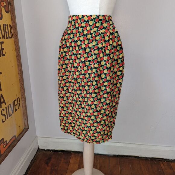 Vintage Red and Gold Rose Silk Pencil Skirt- 28" Waist - Picture 2 of 10